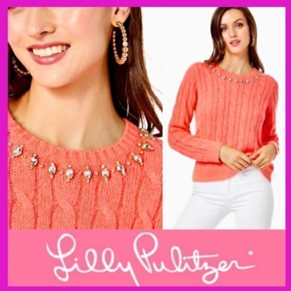 NWT LILLY PULITZER sweater pullover size Large cable coral decorated embellished